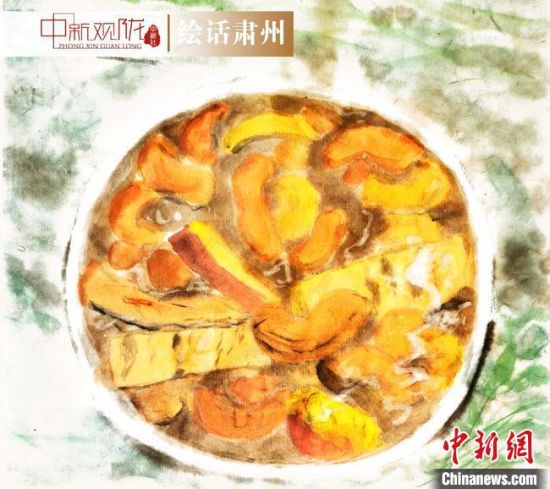 圖為酒泉美食“糊鍋”繪畫作品?！《排d彥 攝