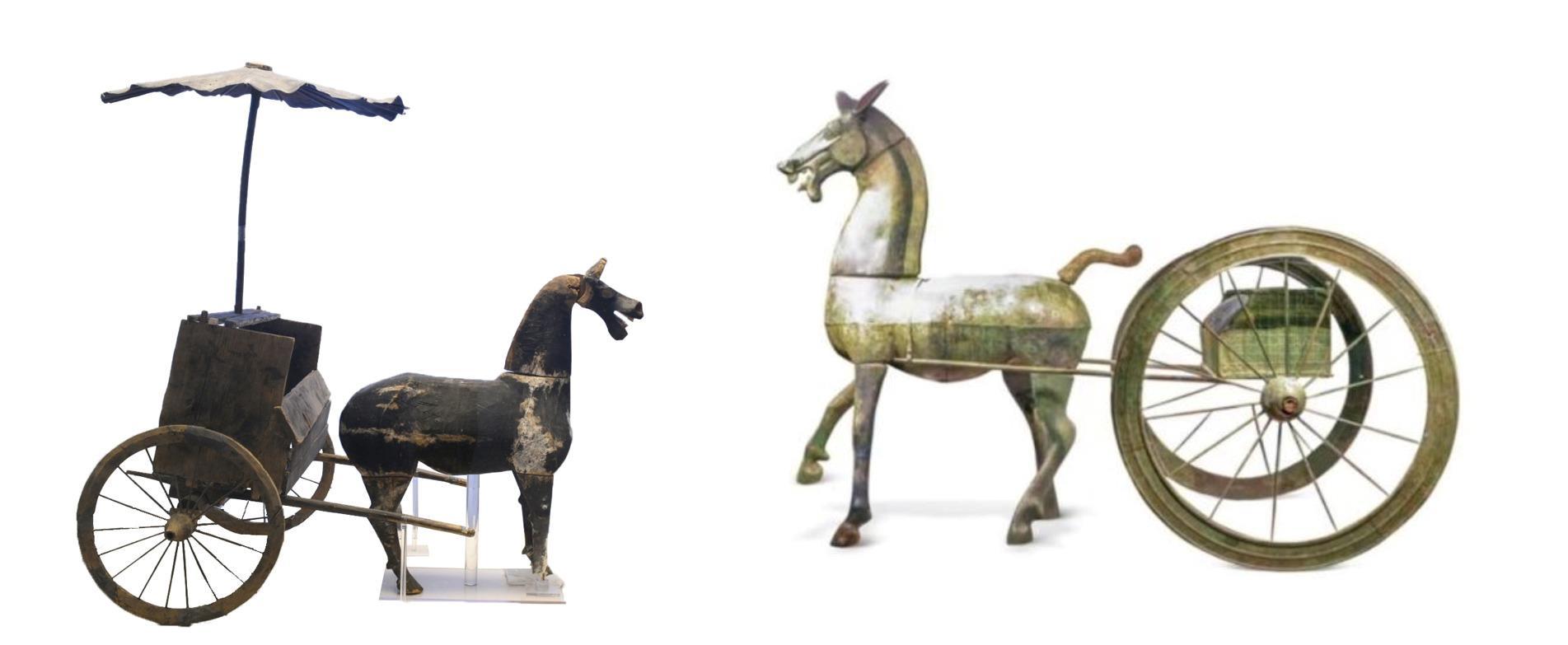 △左為漢代木軺車，藏于青海省博物館；右為東漢銅車馬，藏于黔西南州博物館。