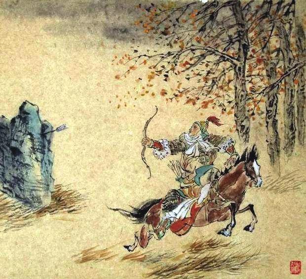 “林暗草驚風(fēng)，將軍夜引弓。”畫作